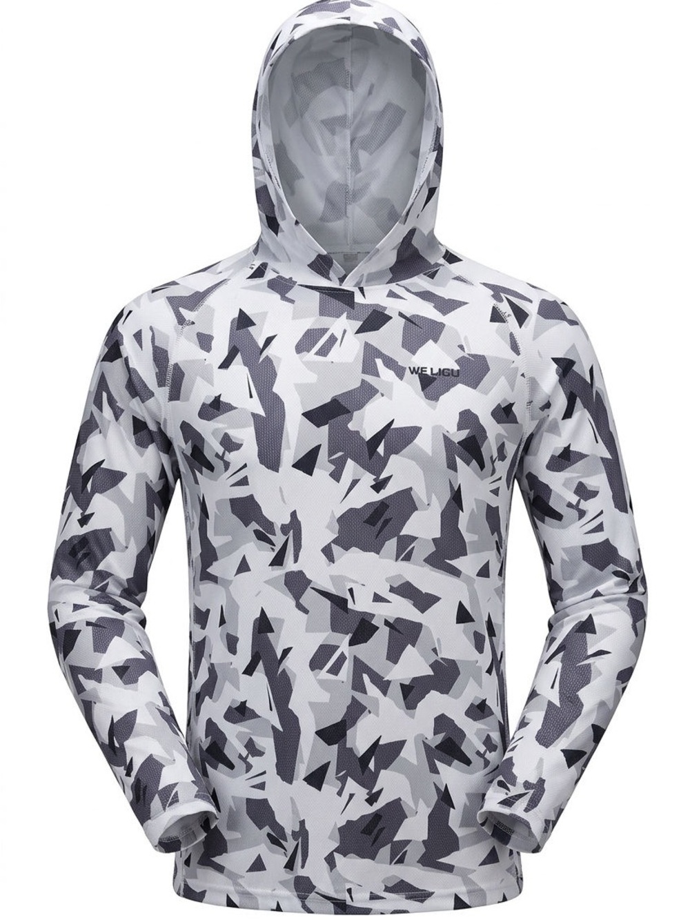 WELIGU Gray White Camo Performance Sun Hoodie Fishing Shirt Men’s Medium